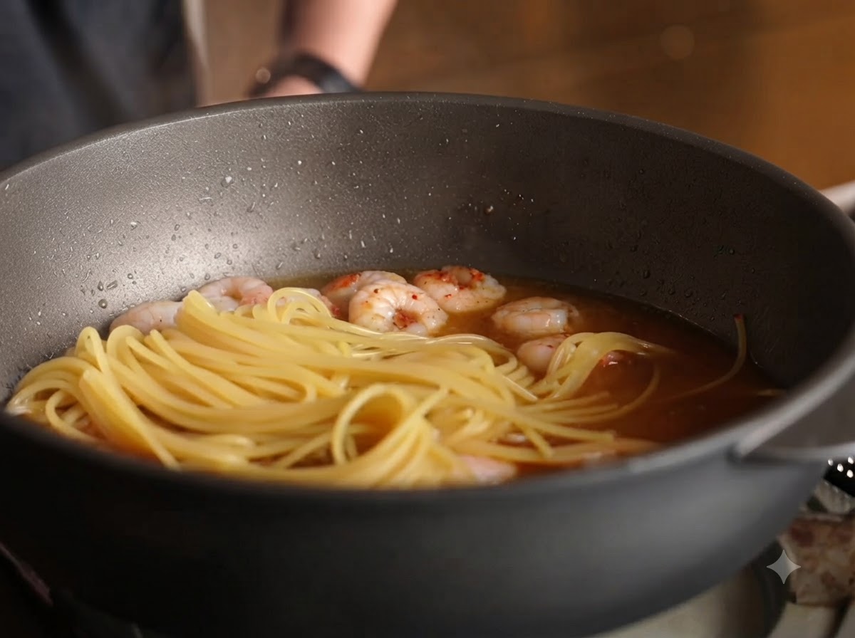 Spaghetti e gamberi che cuociono a fuoco lento insieme alla salsa in una padella.