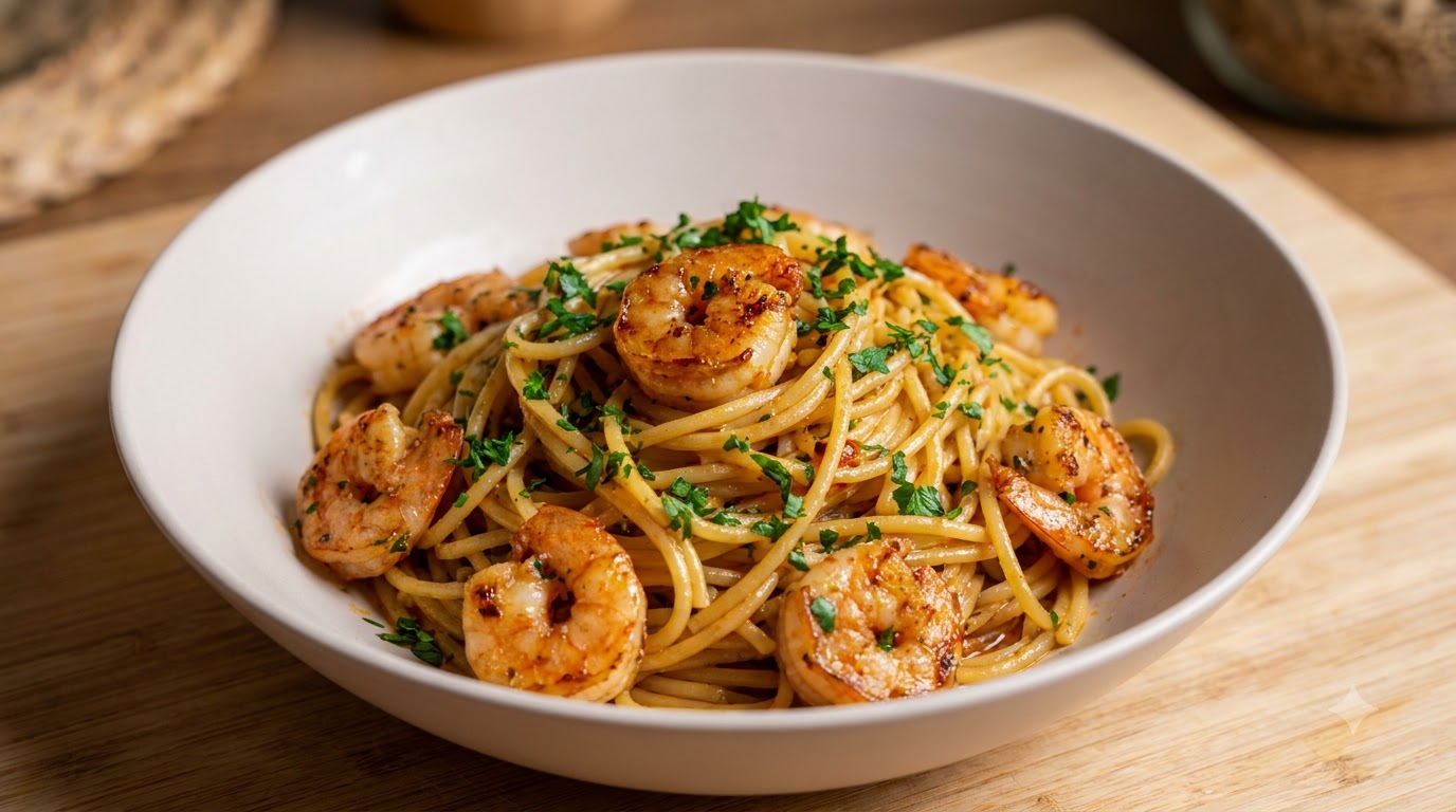 Pasta Piccante Italiana con Gamberi e Olio Infusato all'Aglio