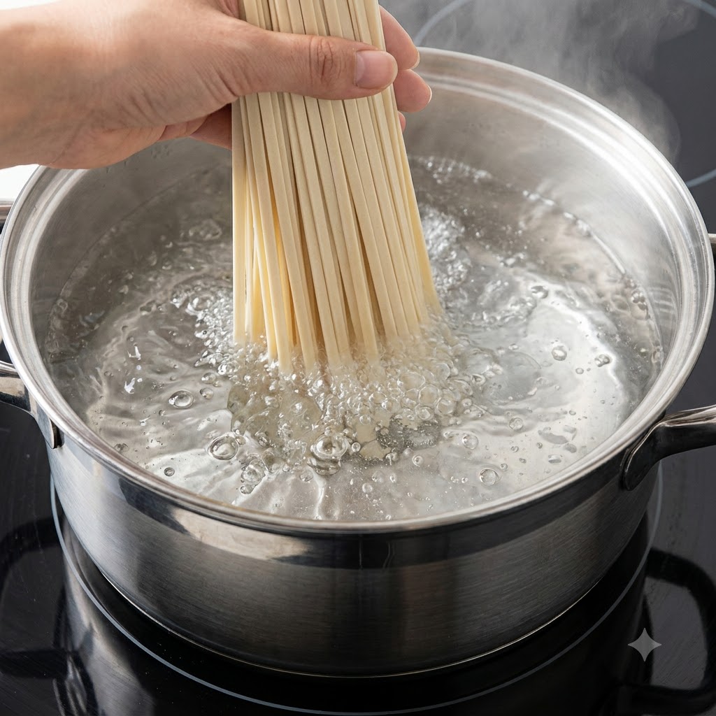Una mano immerge una manciata di noodles secchi in una pentola di acqua bollente.