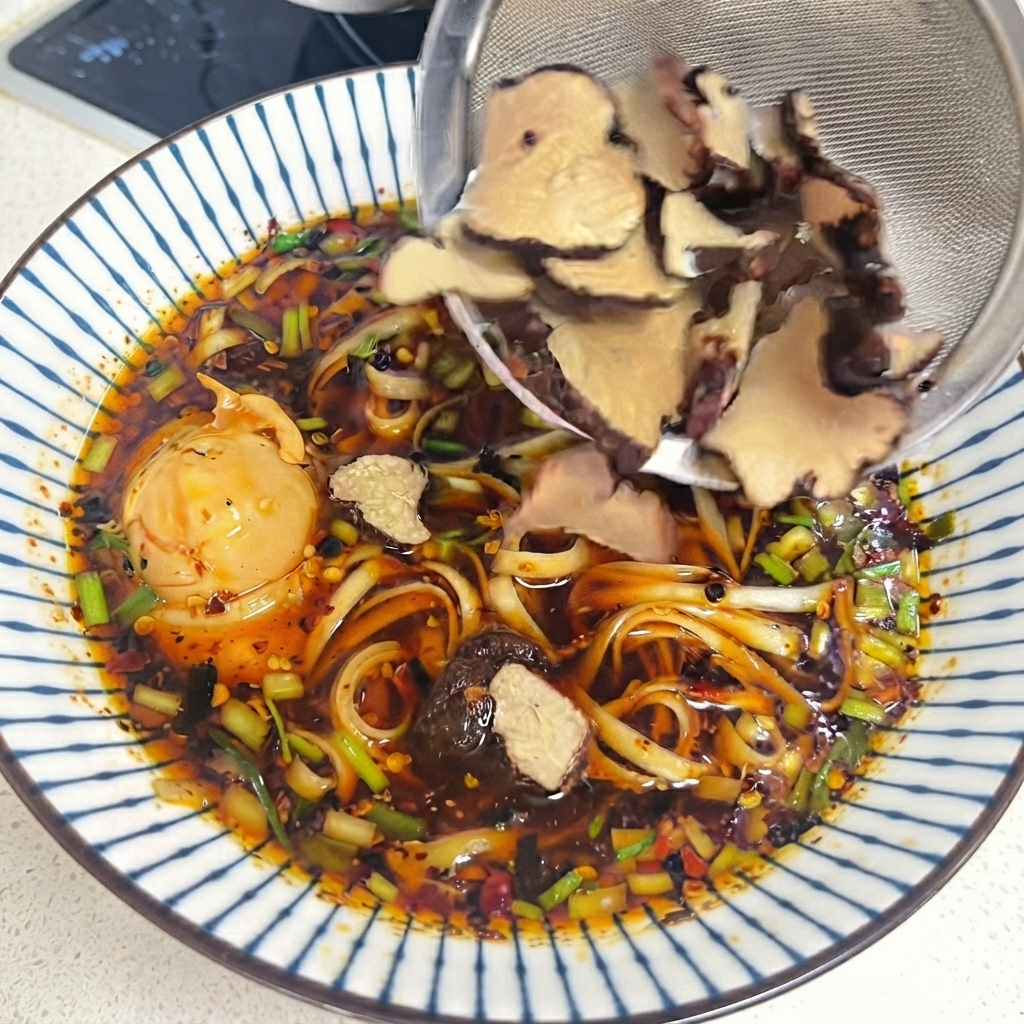 Un colino con fette di tartufo cotto viene svuotato sopra una ciotola di noodles piccanti con uovo e cipollotto tritato.
