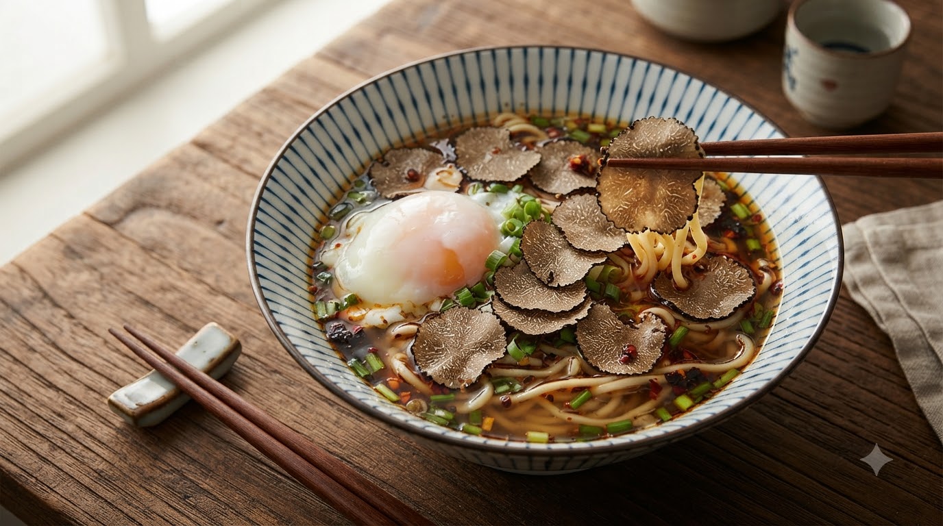 Una ciotola di zuppa di noodles piccante guarnita con fette di tartufo nero, un uovo in camicia e cipollotto fresco tritato.