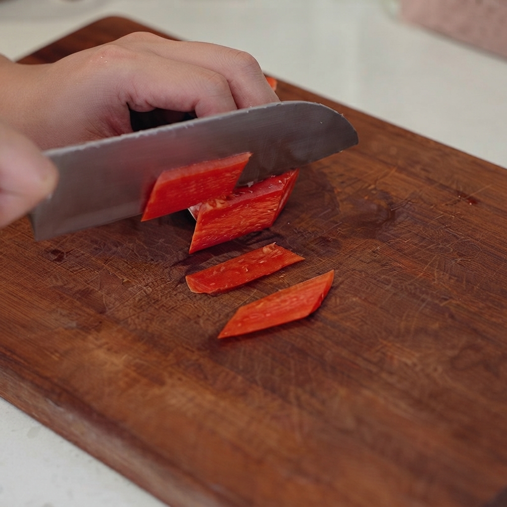 Mani che usano un coltello per tagliare una carota a pezzetti su un tagliere di legno scuro.