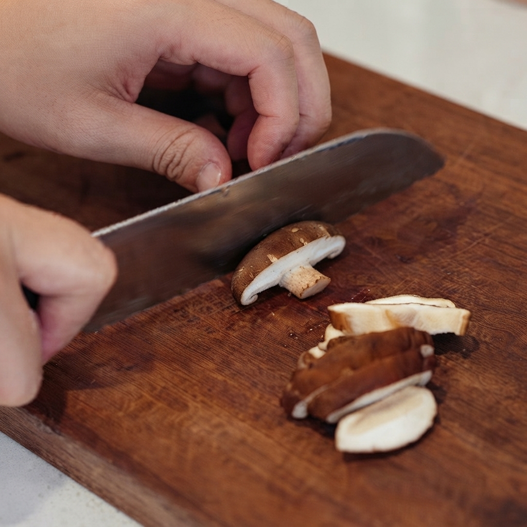 Mani che affettano con cura funghi shiitake marroni freschi su un tagliere di legno.