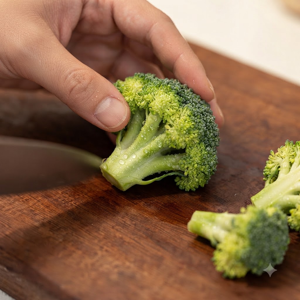 Una mano che tiene una cima di broccolo verde fresco su un tagliere di legno, pronta per essere tagliata con un coltello.