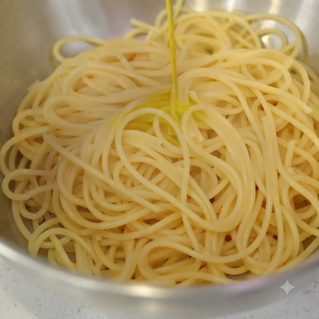 Olio doliva dorato versato su un mucchio di spaghetti cotti allinterno di una ciotola di miscelazione in acciaio inossidabile.