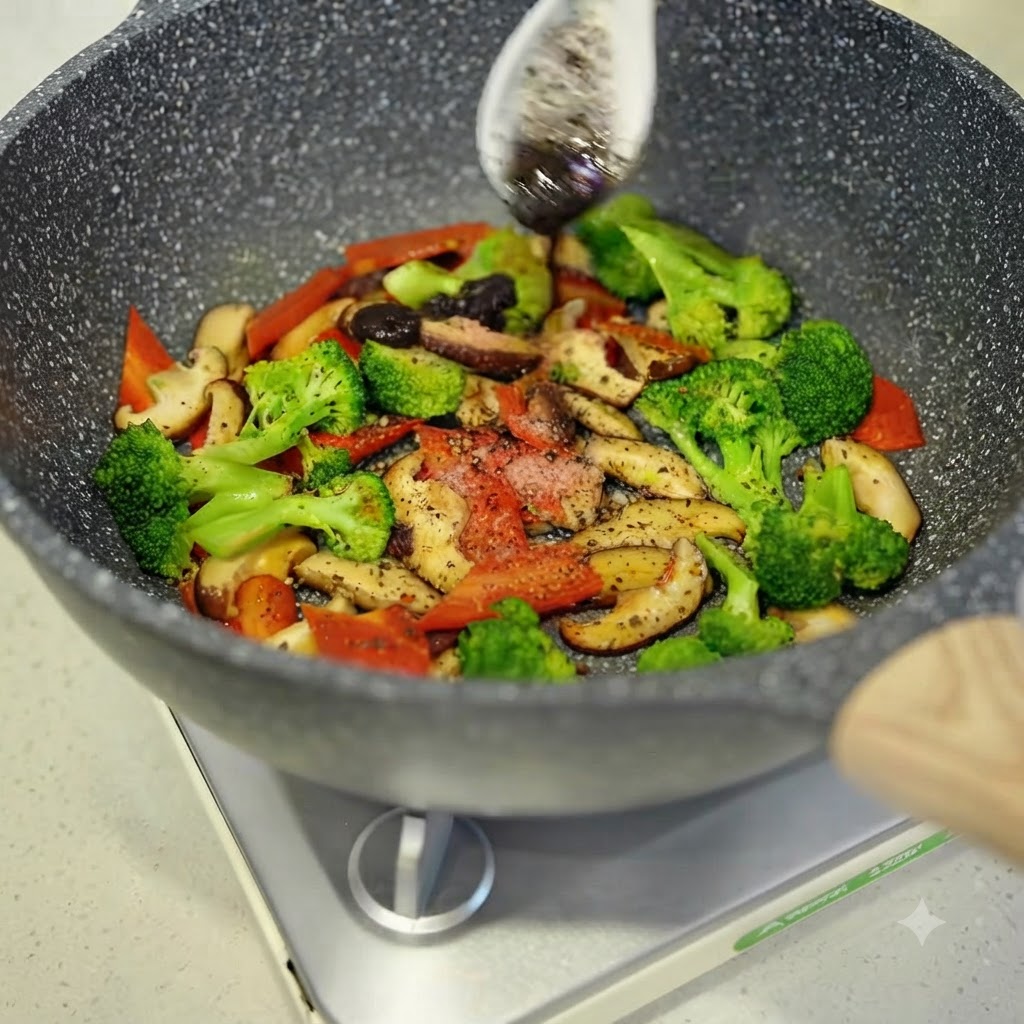 Un cucchiaio di salsa di tartufo nero aggiunto a una padella di verdure miste.