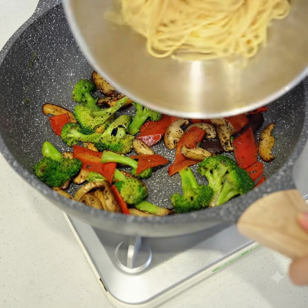 Spaghetti cotti aggiunti da una ciotola nella padella con le verdure saltate.