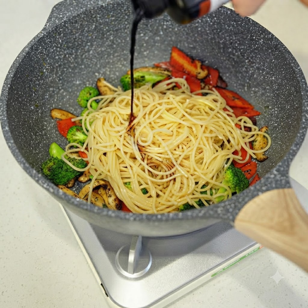 Salsa di soia scura versata da una bottiglia sugli spaghetti e verdure miste allinterno di una padella grigia.