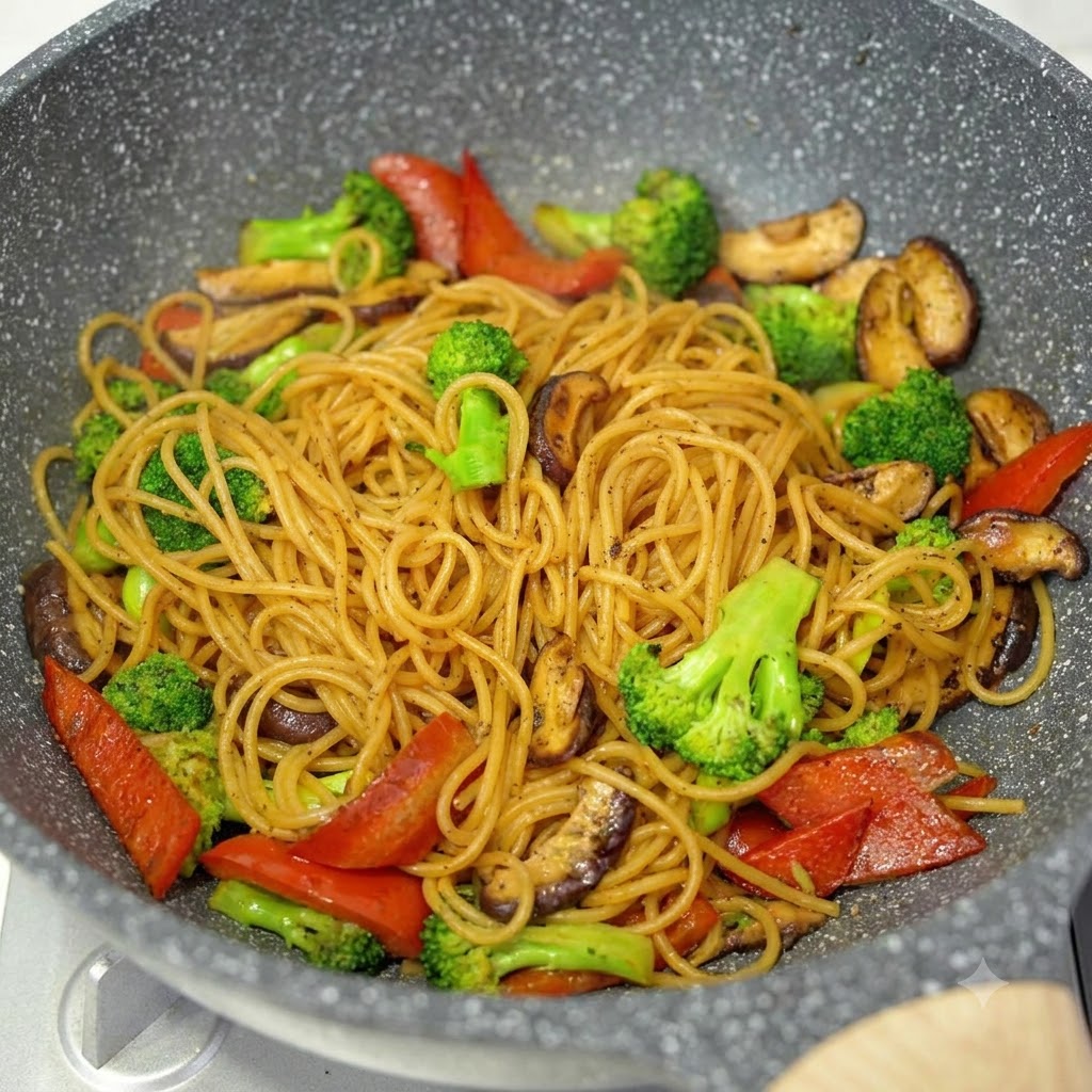 Spaghetti saltati con broccoli, funghi e peperoni rossi in un wok subito prima di impiattare.