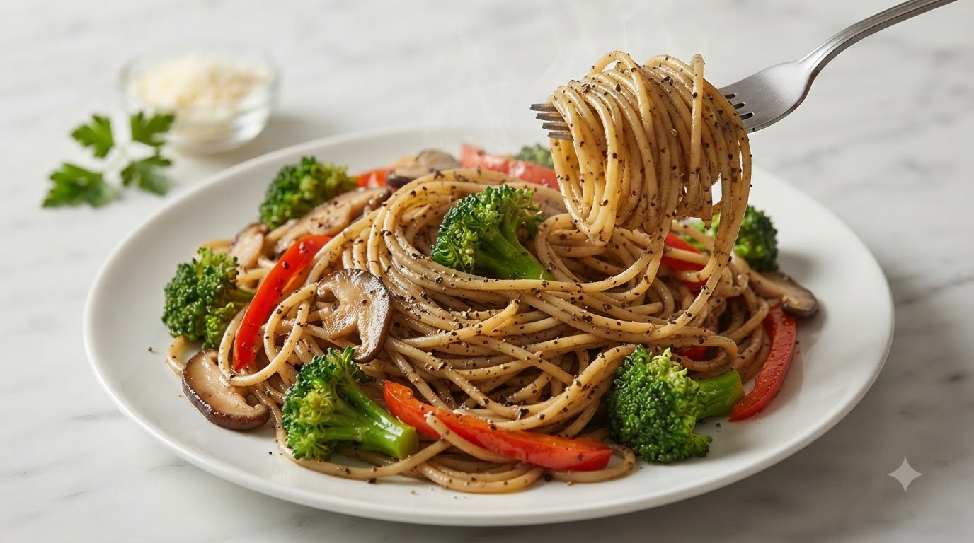 Spaghetti con Verdure al Tartufo Nero