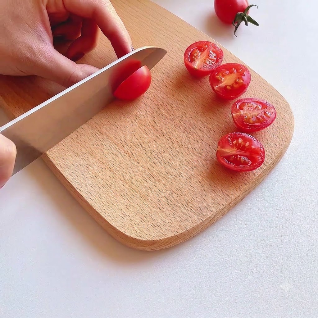 Pomodorini tagliati a metà su un tagliere di legno con un coltello da cucina.