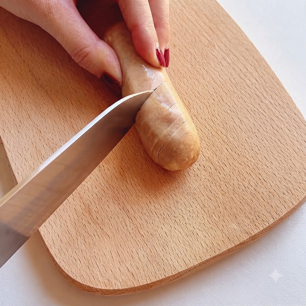 Una salsiccia tagliata verticalmente su un tagliere di legno con un coltello.