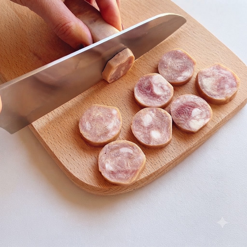 Salsicce affettate in rondelle regolari su un tagliere di legno con un coltello.