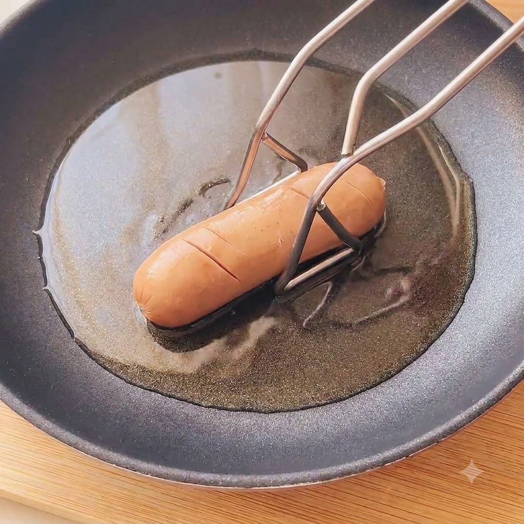 Salsicce intere incise che cuociono nellolio caldo dentro una padella.