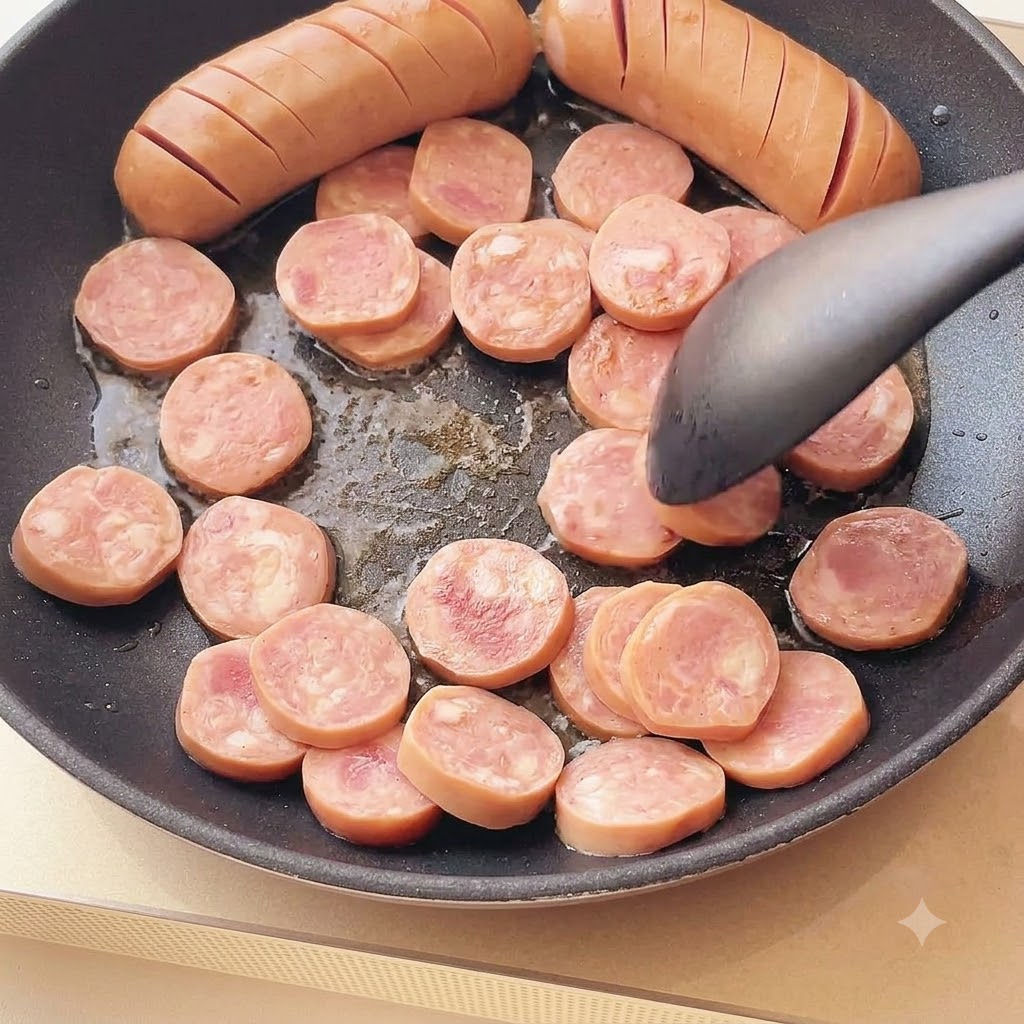 Rondelle di salsiccia che dorano in una padella oliata accanto a due salsicce intere incise.