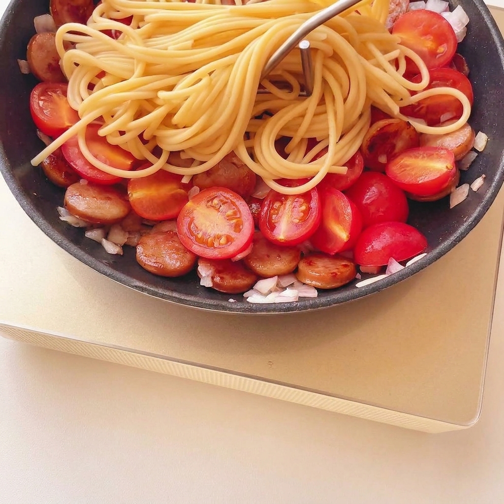 Spaghetti adagiati sopra il composto di pomodori e salsiccia in padella.