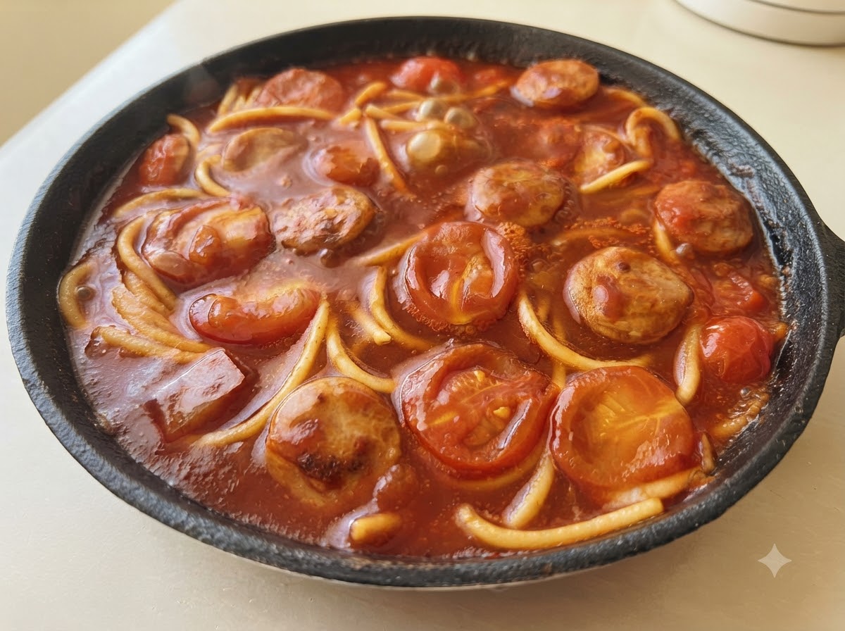 Ricca salsa di pomodoro per pasta che sobbolle con spaghetti, rondelle di salsiccia e pomodori in padella.