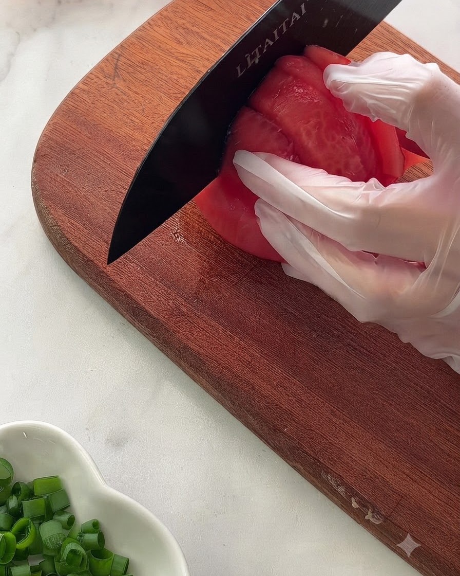 Una mano con un guanto protettivo che tiene un pomodoro pelato su un tagliere di legno mentre lo taglia con un coltello nero.
