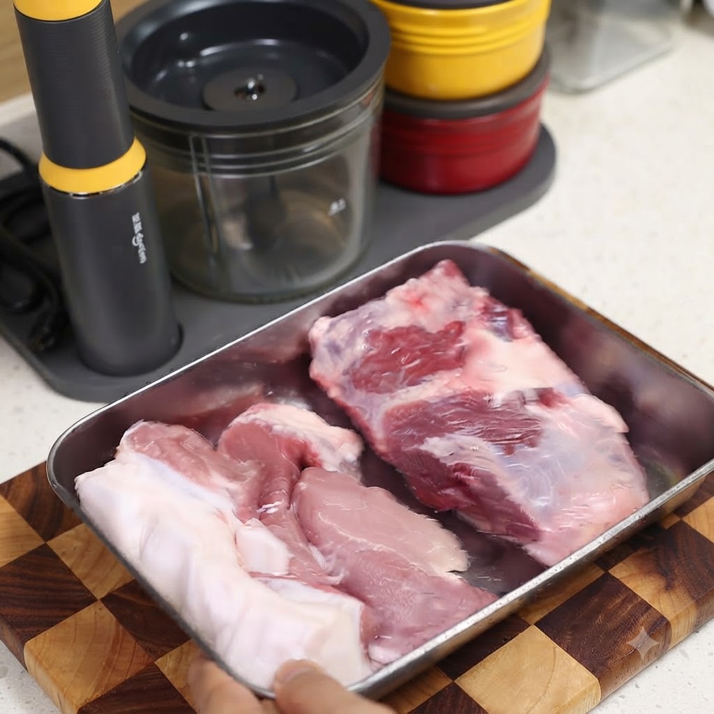 Pezzi di carne di maiale cruda su un vassoio vicino a un tagliere e utensili da cucina.