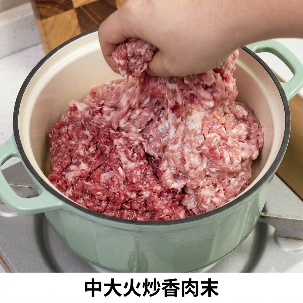 Carne macinata rosolata in una pentola verde sui fornelli.