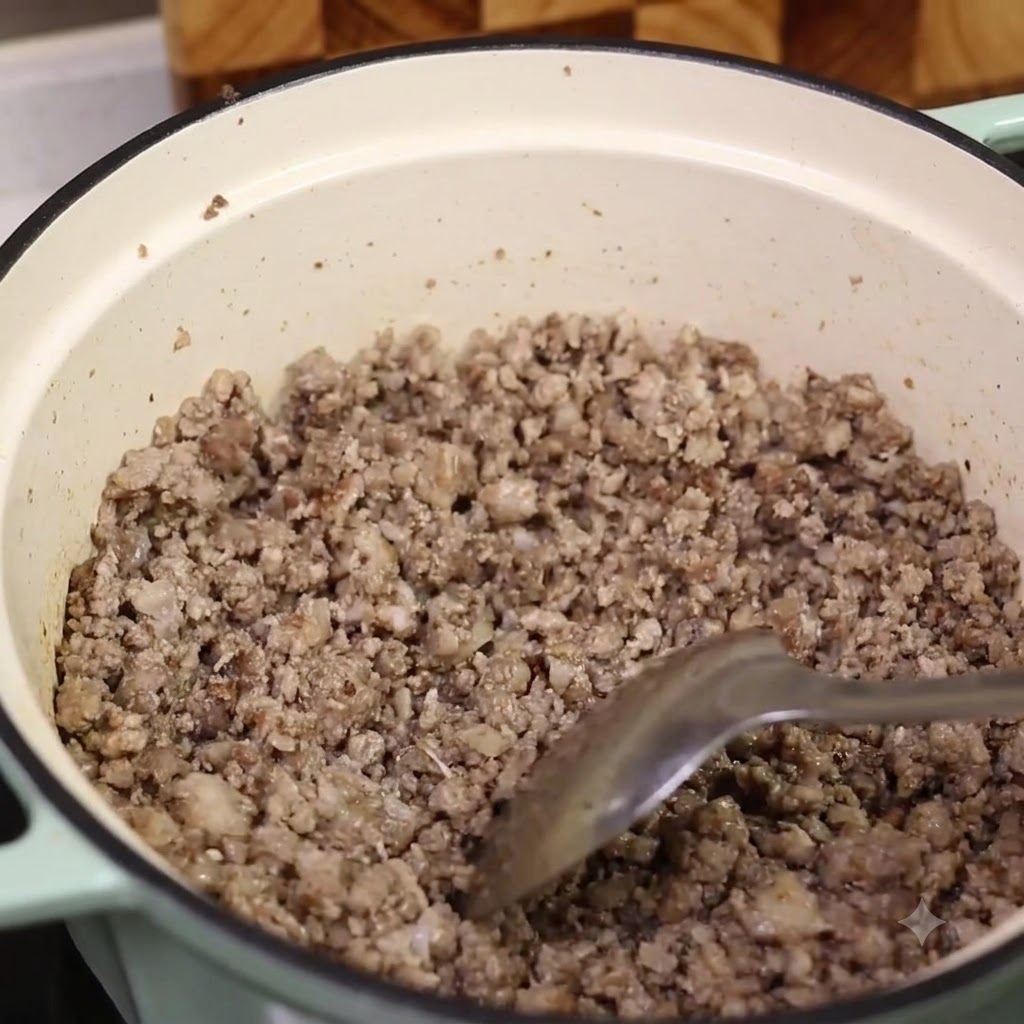 Una spatola che raccoglie la carne cotta dalla pentola, mostrando il fondo bruno di rosolatura.