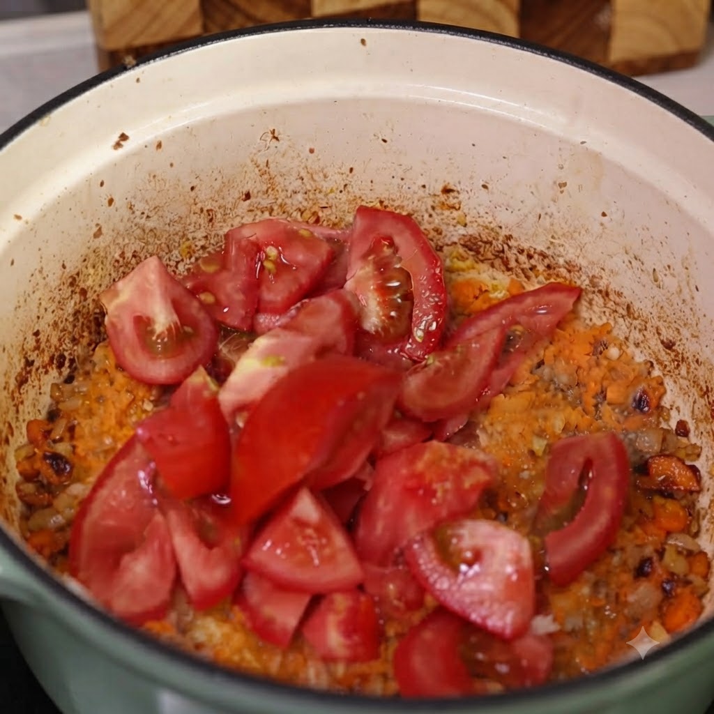 Spicchi di pomodoro fresco e concentrato di pomodoro aggiunti nella pentola con le verdure e la carne.