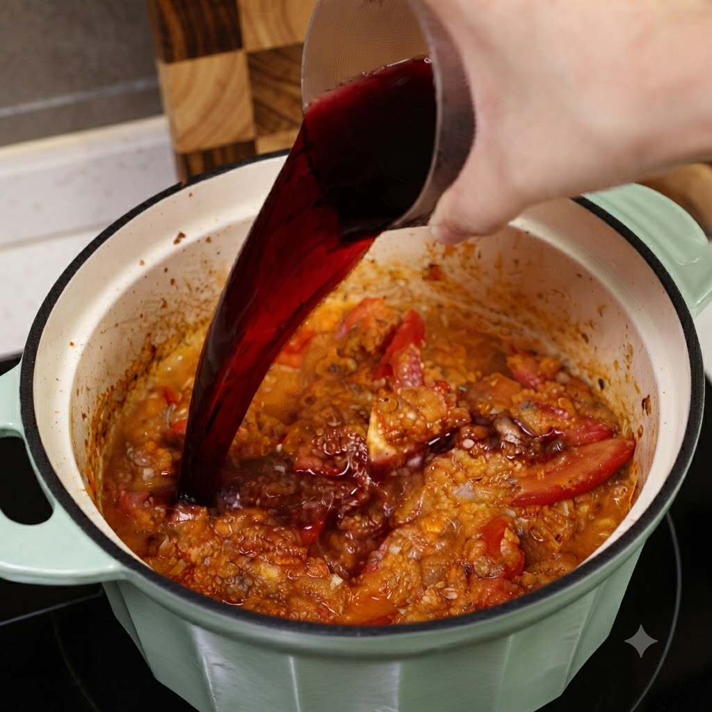 Vino rosso secco versato da un misurino in vetro nella pentola con il sugo di carne e pomodoro.