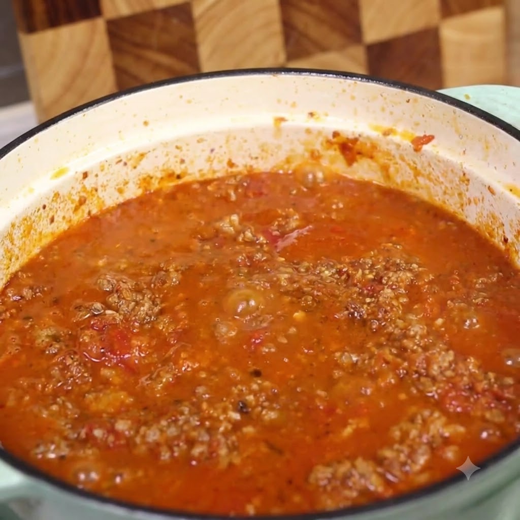Il sugo che sobbolle nella pentola dopo aver aggiunto condimenti e liquidi.