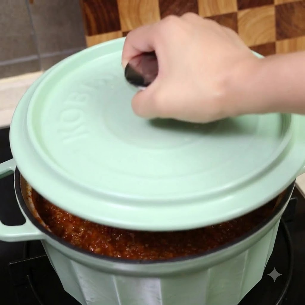 Una mano che posiziona un coperchio verde chiaro sulla pentola piena di ragù.