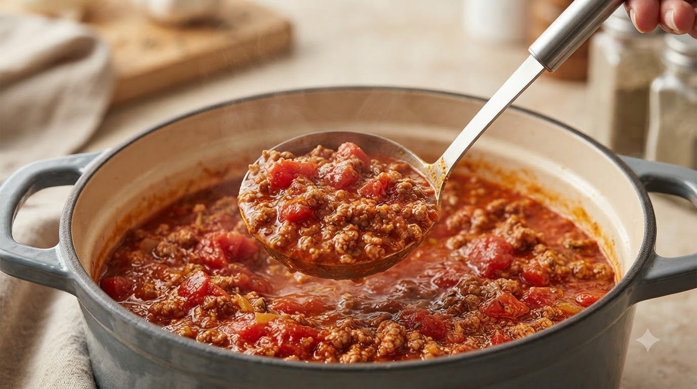 Un mestolo di metallo che raccoglie un denso e ricco ragù di carne da una pentola fumante.