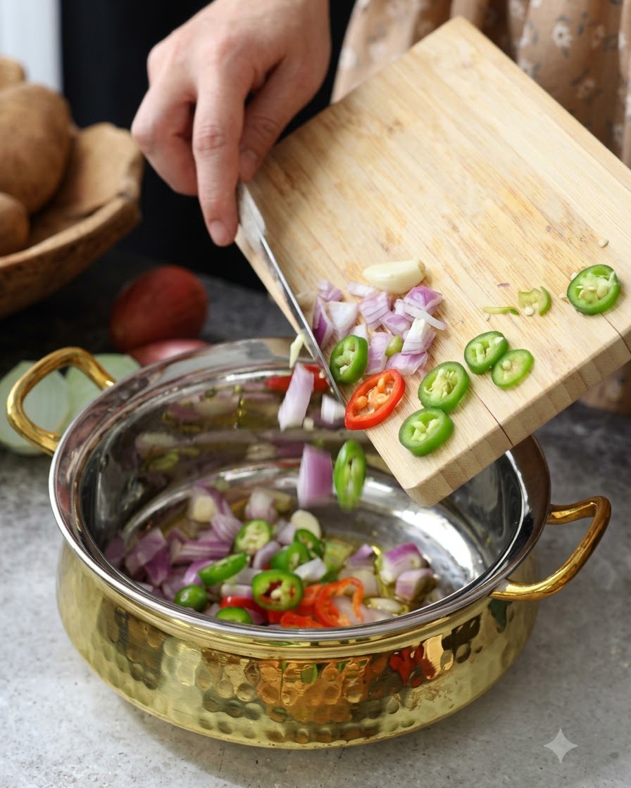 Jalapeño affettato e cipolle rosse fatti scivolare da un tagliere di legno in una pentola di metallo con olio caldo.