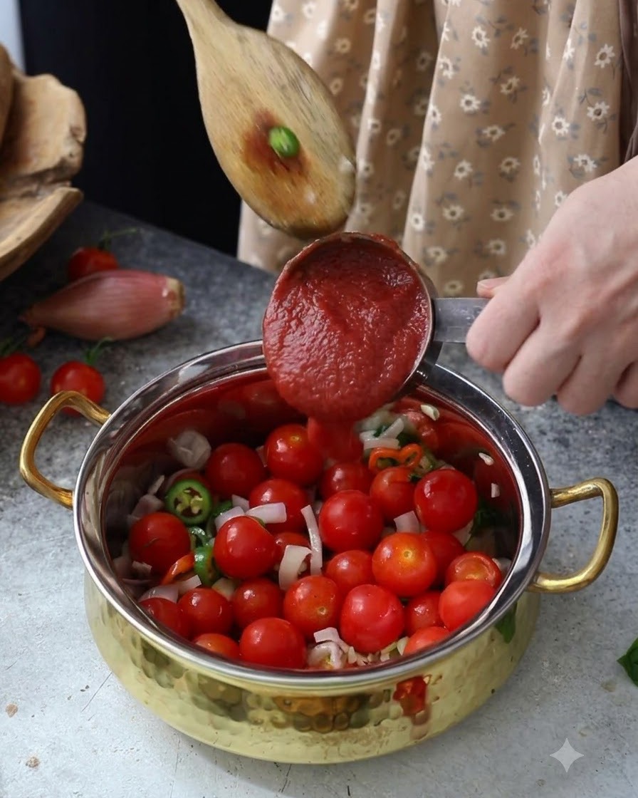 Passata di pomodoro versata da un misurino in una pentola piena di pomodorini e verdure saltate.