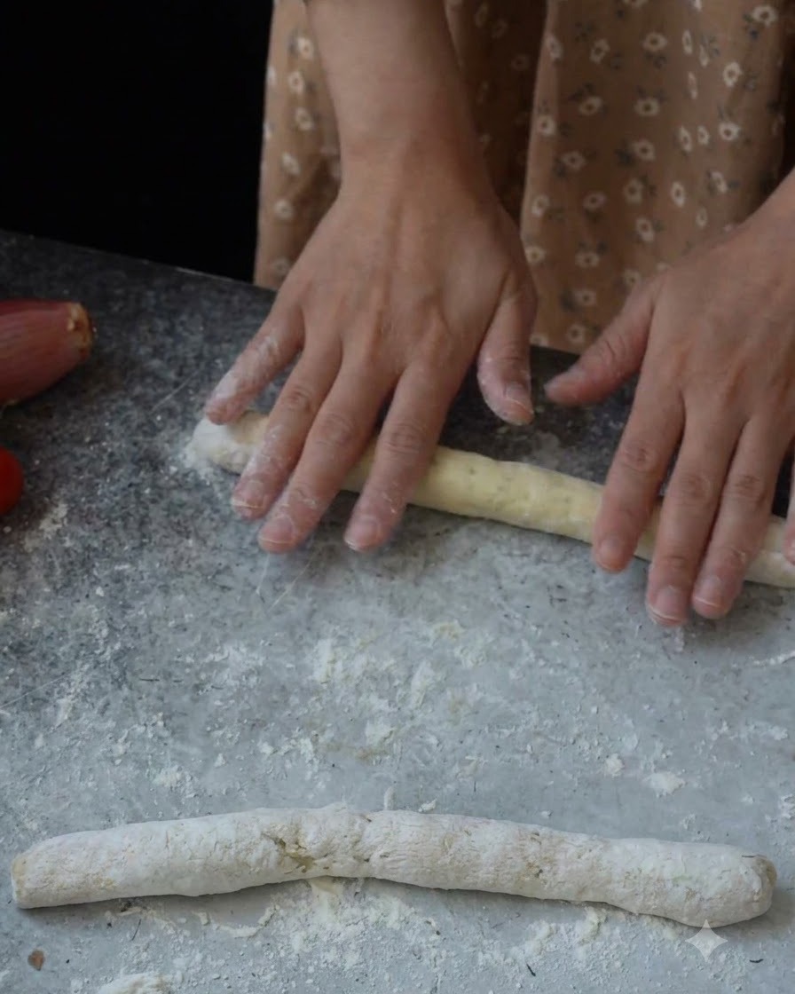 Mani che arrotolano un pezzo di impasto per gnocchi in un lungo filone su una superficie grigia infarinata.