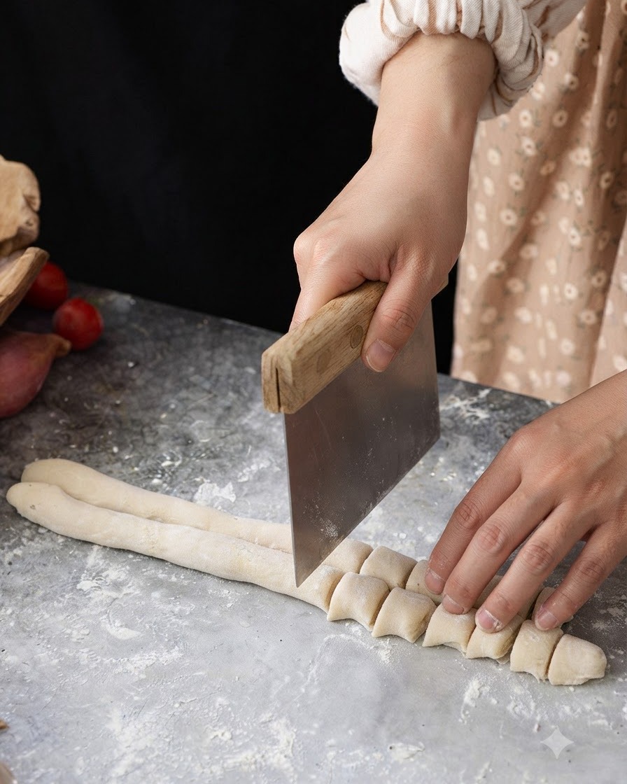 Un tarocco da cucina in metallo che taglia un filone di pasta arrotolato in piccoli pezzi uniformi su una superficie infarinata.