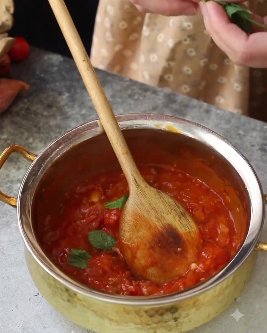Un cucchiaio di legno che mescola un sugo di pomodoro rosso bollente in una pentola mentre vengono aggiunte foglie di basilico fresco.