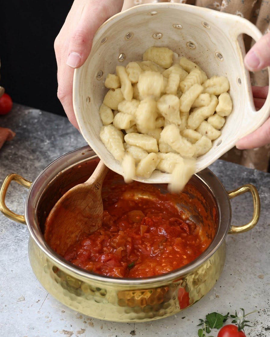 Gnocchi bolliti versati da uno scolapasta di ceramica in una pentola di sugo di pomodoro rosso.
