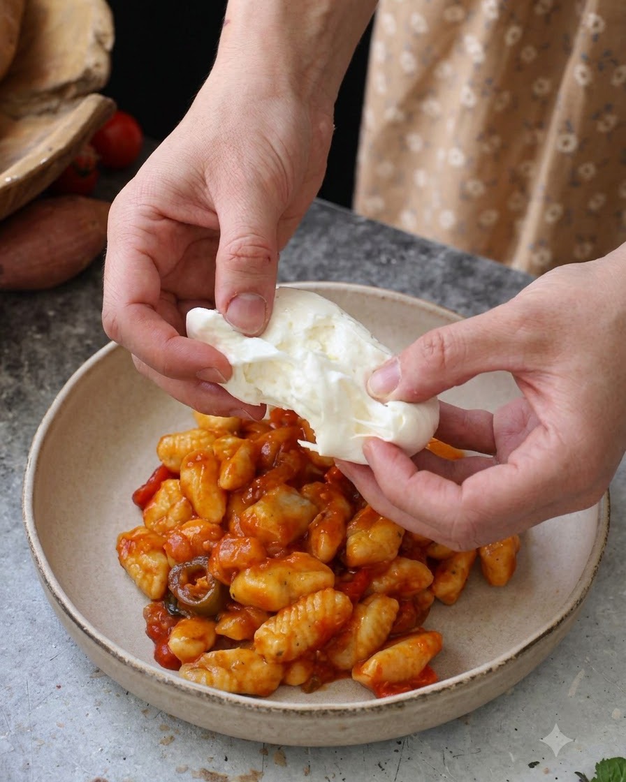 Mani che strappano burrata bianca fresca sopra un piatto fondo di gnocchi al sugo di pomodoro.
