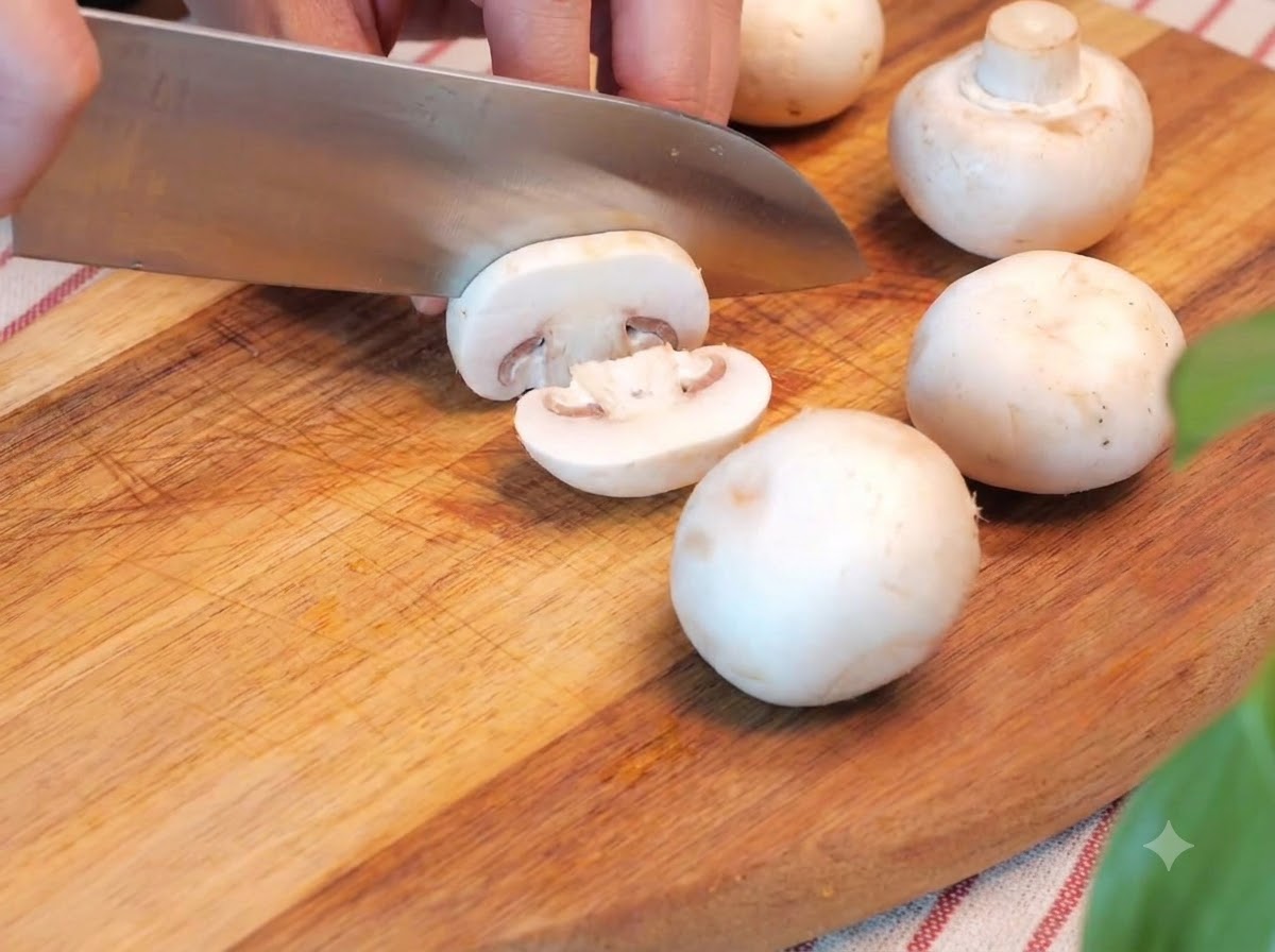 Un coltello da cucina che taglia funghi bianchi su un tagliere di legno accanto a polpette di manzo e pomodorini tagliati a metà.