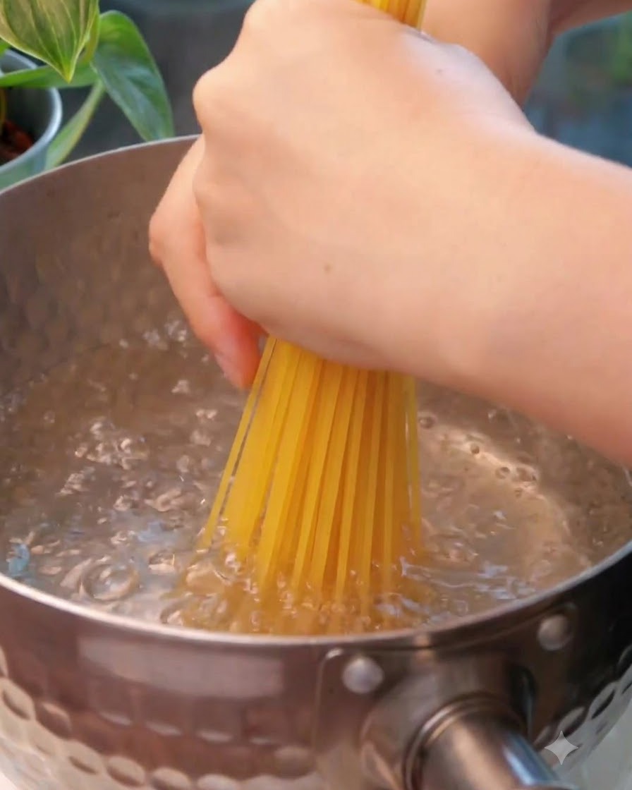 Mani che tengono un mazzetto di spaghetti secchi e li calano in una pentola di acqua bollente e frizzante.