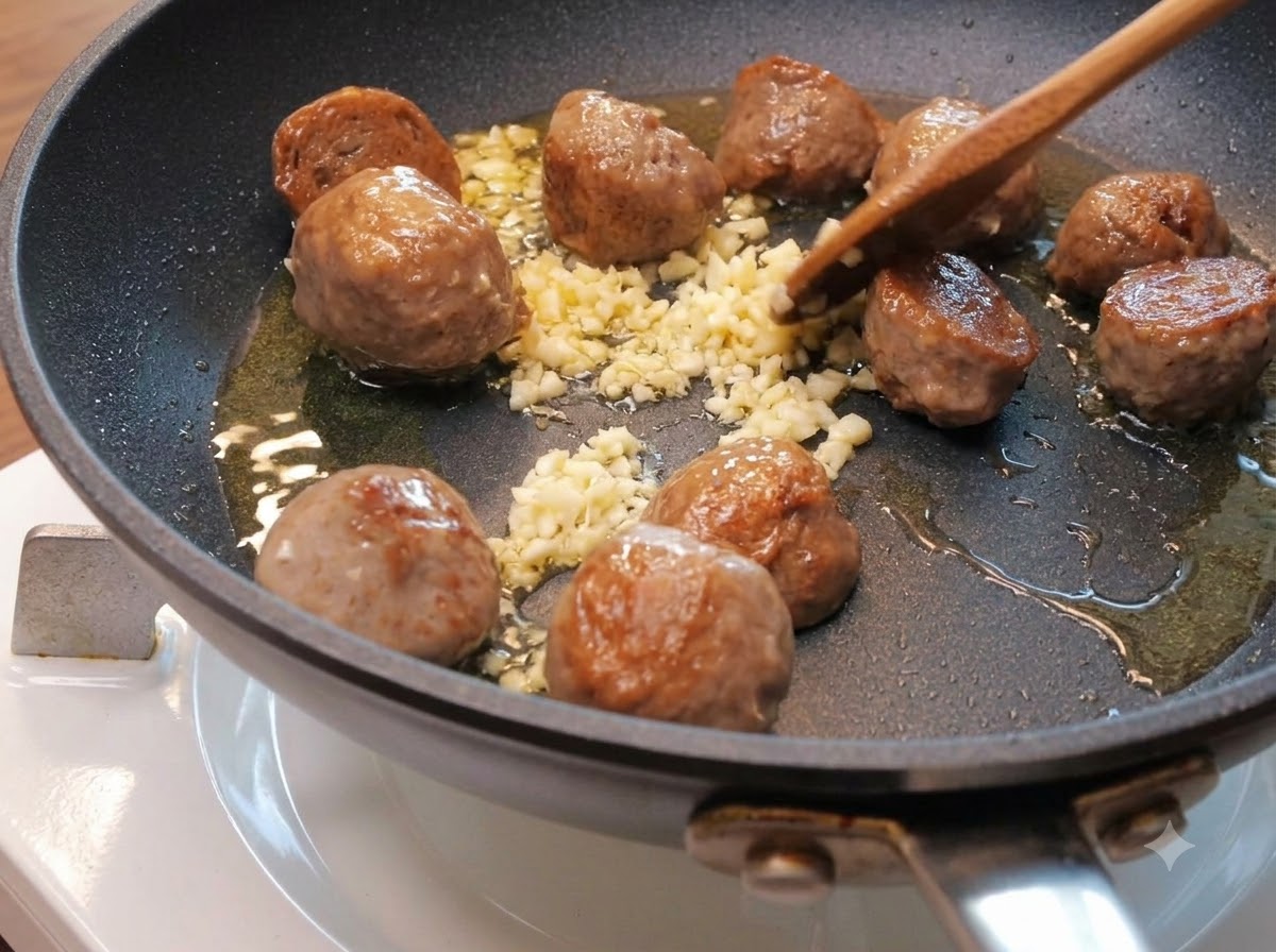 Aglio tritato sparso tra le metà di polpette di manzo in doratura in una padella con olio.