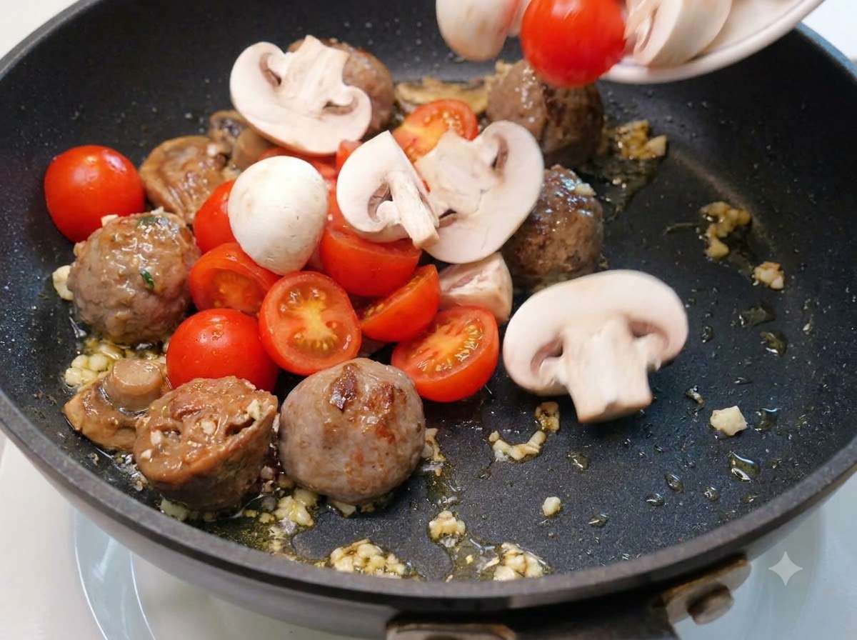 Pomodorini e funghi affettati che vengono gettati nella padella con polpette di manzo e aglio.