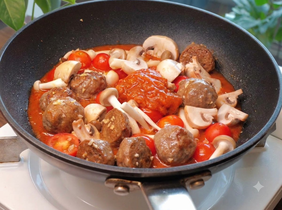 Salsa rossa per pasta versata da una busta in una padella contenente polpette di manzo, funghi e pomodori.