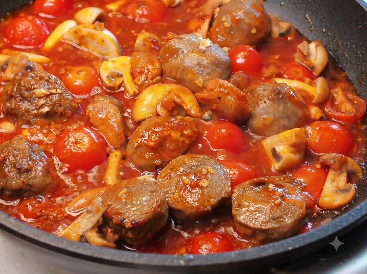Spaghetti bolliti che vengono mescolati in una padella piena di ricca salsa di pomodoro, funghi e polpette di manzo.