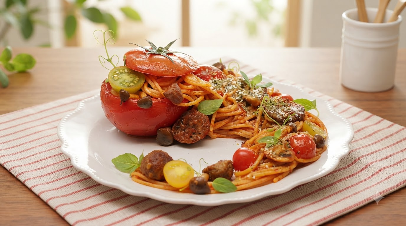 Spaghetti con polpette di manzo in ciotola di pomodoro arrosto