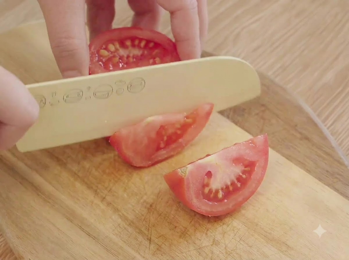 Pomodori rossi freschi tagliati a piccoli pezzi con un coltello su un tagliere di legno.