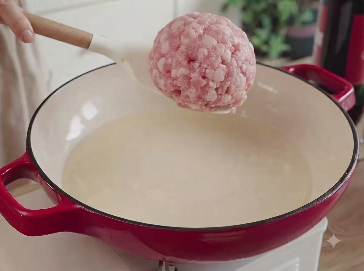 Carne macinata di manzo e maiale aggiunta a una pentola rossa riscaldata con olio e mescolata a fuoco vivo.