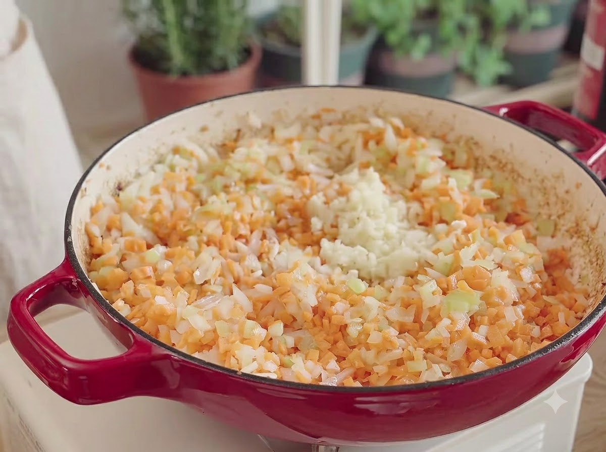 Pomodori a pezzi, aglio tritato e un pezzetto di burro mescolati alle verdure saltate allinterno della pentola rossa.