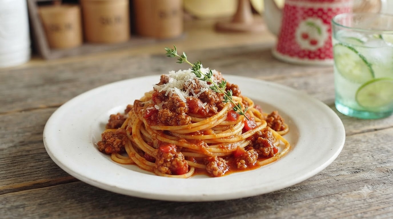 Un piatto di spaghetti alla Bolognese guarnito con un rametto di erba fresca e formaggio grattugiato, servito accanto a una bibita verde
