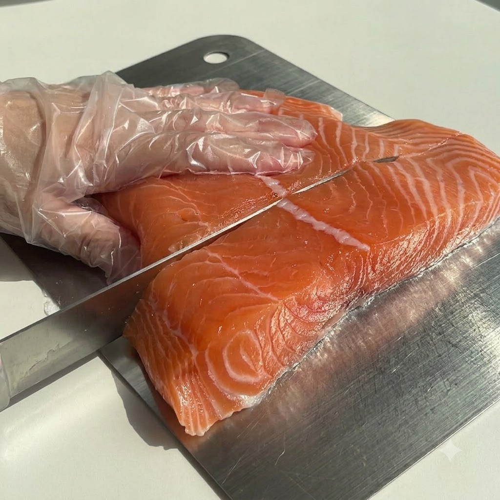 Blocco di salmone tagliato a pezzi su un tagliere di metallo, con pepe nero cosparso e massaggiato uniformemente sul pesce.