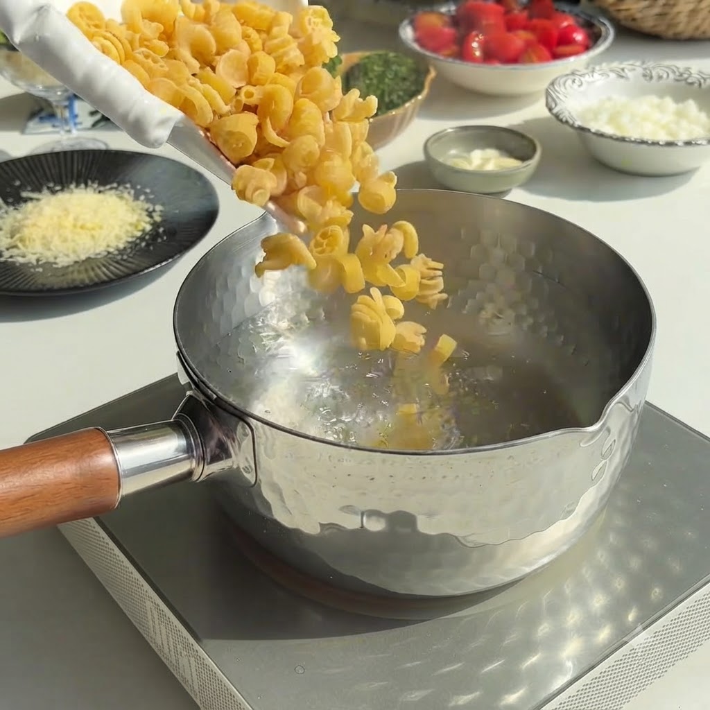 Pasta che bolle in una pentola dacqua bollente su un fornello.